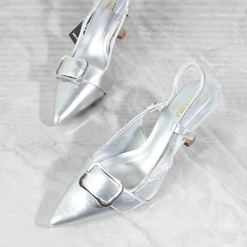 Dress Shoes Women's 2024 Pu Punted Toe Belt Buckle High Heels Stiletto Sandals Silver Fashion Heeled single