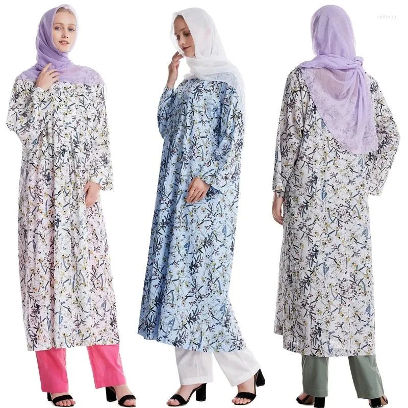 Abbigliamento etnico Donne musulmane Stampa floreale islamica Cotton Abaya Kaftan Shirt sciolti abiti Arabo Abete Arabo Preghiera Ramadan Vestidos M-XL