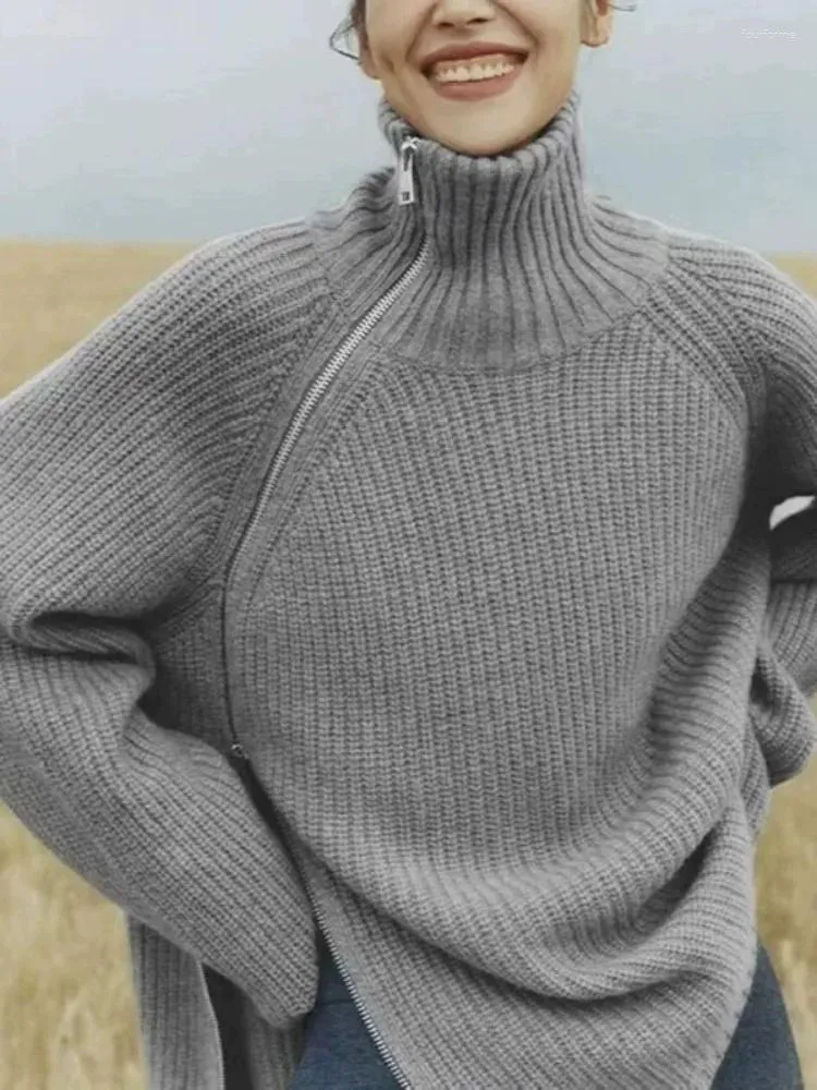 Kadın Sweaters 2023 Sonbahar Kış Pure Kaşmir Hardigan Yüksek Boyun Orta uzun süren fermuar kazak gevşek örgü ceket