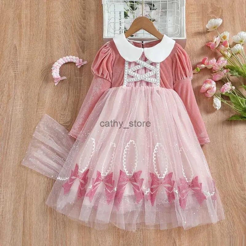 Girl's Dresses Girls Princess Dress Spring and Autumn New Girls Solid Color Long Sleeve Sweet Gauze Dress with Cape Vestidos Ropa De NiaL231222