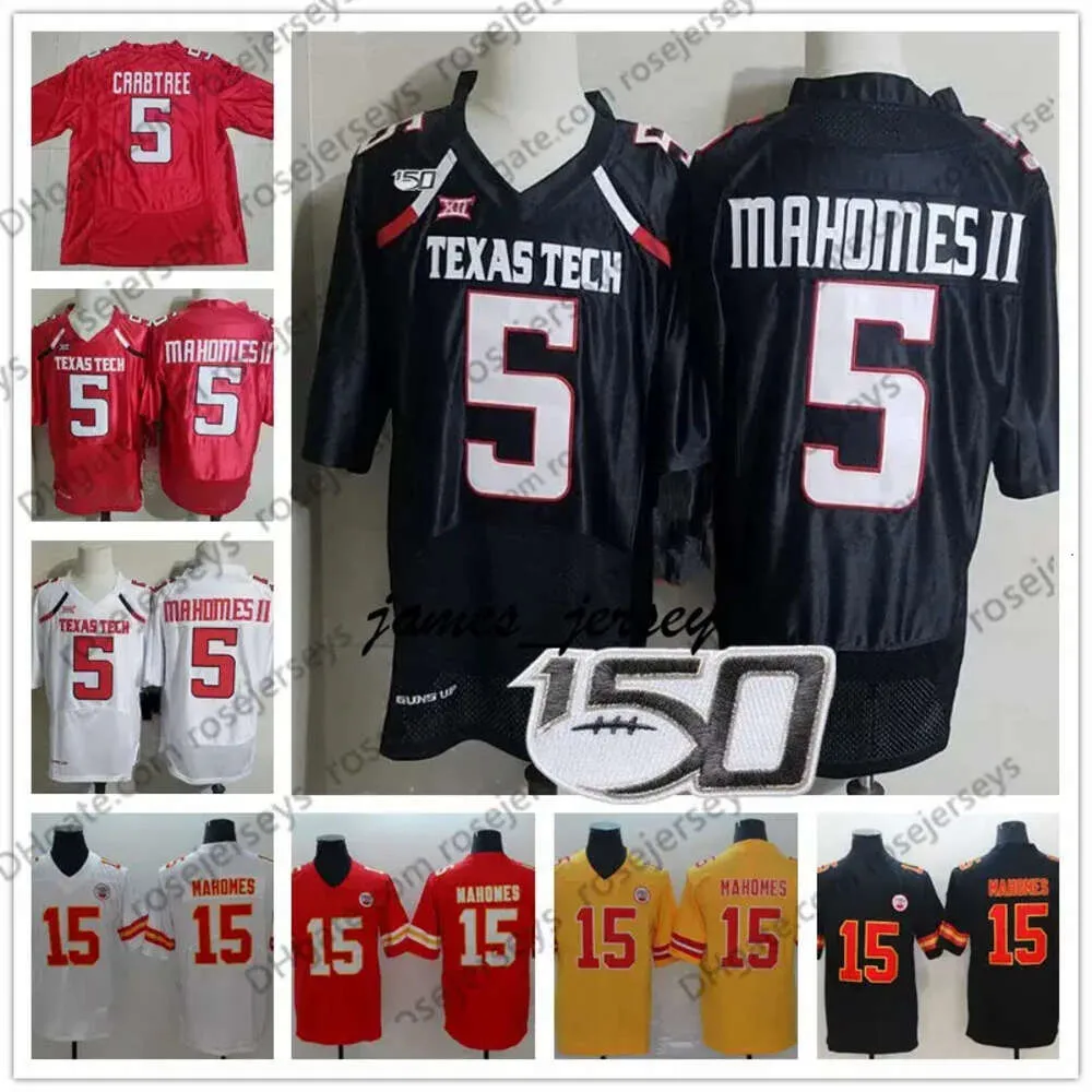 Jam NCAA TTU Texas Tech #5 Patrick Mahomes II Black Jersey Red 2019 CFB 150TH Kansas City White Michael Crabtree KC Yellow Men's Jerseys