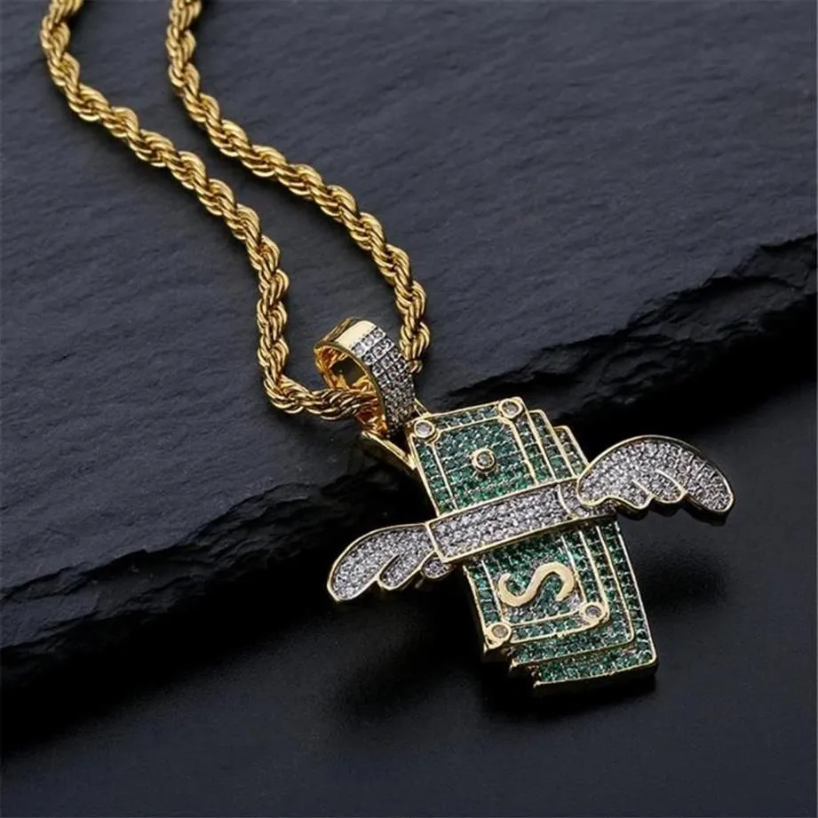 Fashion necklace chains New Iced Out Flying Cash Solid Pendant Necklace Mens Hip Hop Gold Silver Color Charm Chain Jewelry Gifts282Y