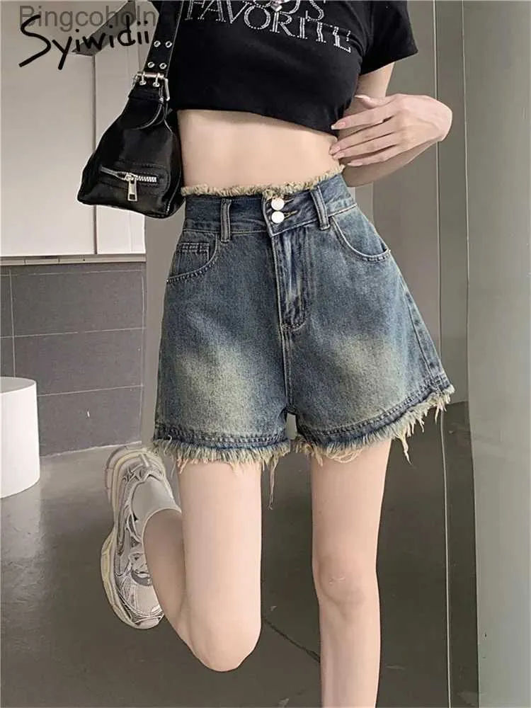 女性のショートパンツsyiwidii washed do old denim shorts women 2 button 2024ファッションヴィンテージバリハイウエストショーツカジュアルルーズワイドレッグショートッsl231222