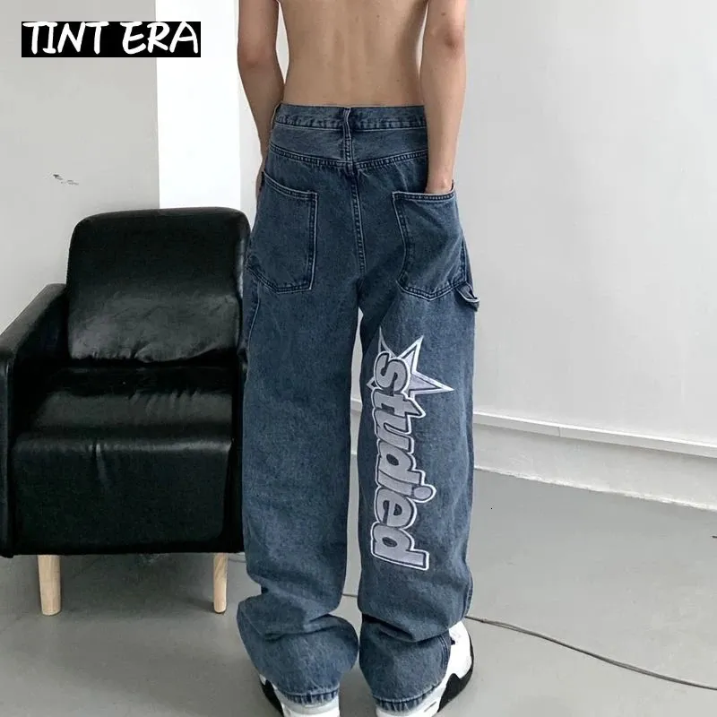 Teinte oreille Hiphop Lettre broderie y2k jeans denim pantalon droit lâche pantalon de jambe large pour les hommes couples de streetwear cargo coréen 231221