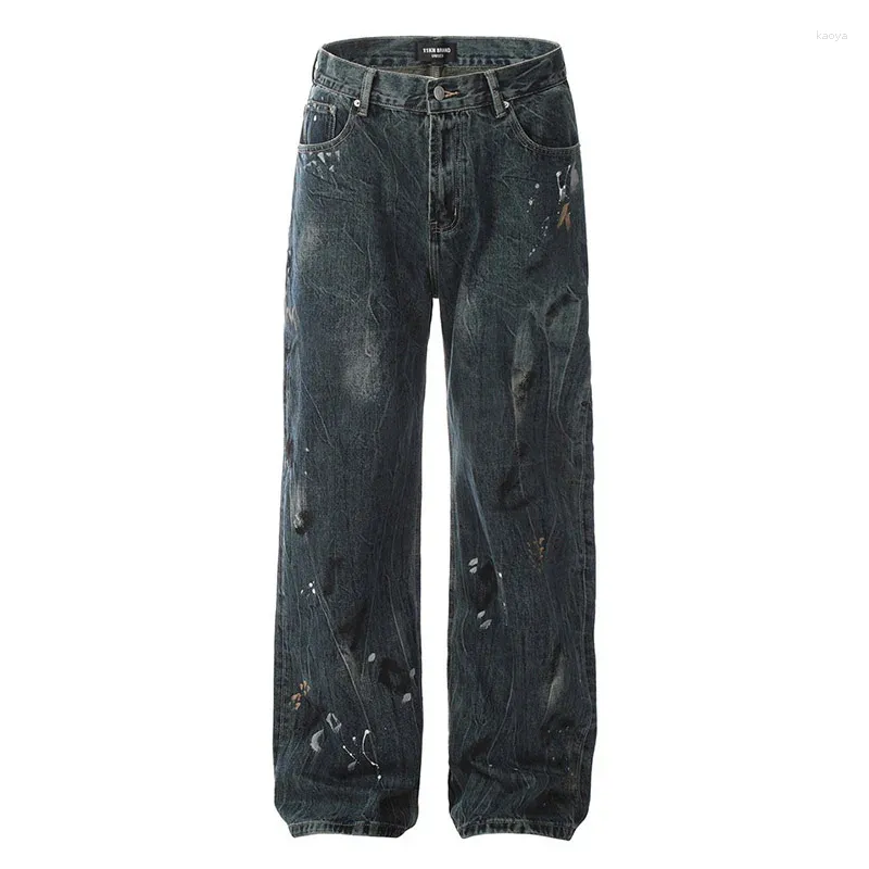 Jeans masculin graffiti imprimé salut pantalon de rue lavé streetwear pantalon en denim en vrac pour le bleu mâle