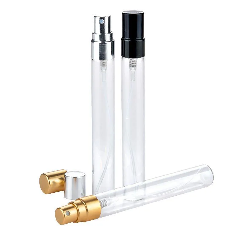 Bottiglia di profumo portatile trasparente da 10 ml Atomizzatore spray in vetro da viaggio con spruzzatore di pompa in oro in argento nero e copertura in metallo Aessc