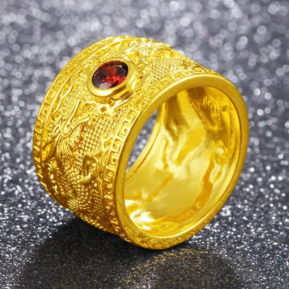 Anello ad anello spesso Motivo del doppio drago Drago 18K Oro giallo pieno zeppo da donna classico da uomo Dimensione 62815