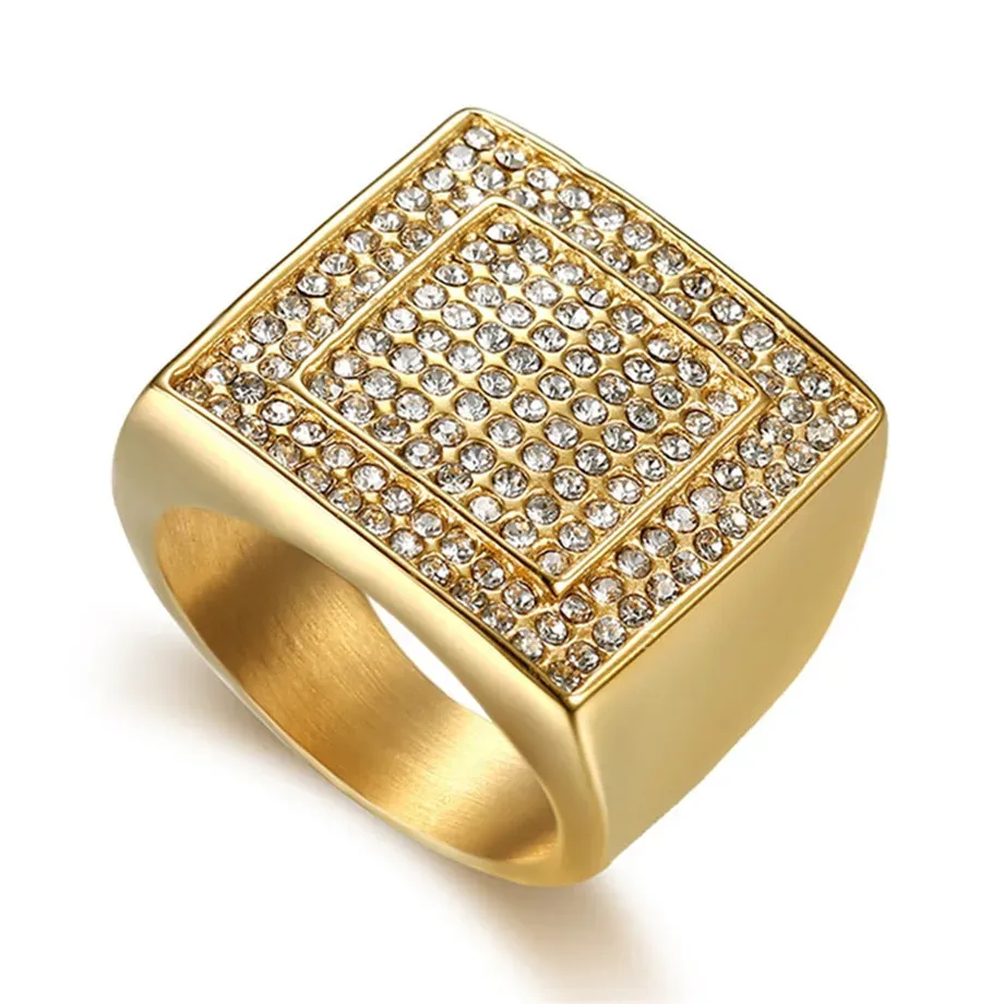 fafafa fafafa Hip Hop Mens Iced Out Cubic Zirconia Large Square Rings 14k Yellow Gold Big CZ Cool Male Ring Party Jewelry