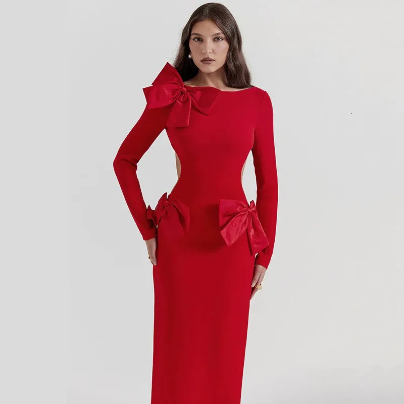 Red O-Neck Long sleeve party dress with Elegant Bow Backless Design and Long Sleeves for Women's Fashion, Perfect for Club Parties - Style 231222 Red O-Neck Long sleeve party dress with Elegant Bow Backless Design and Long Sleeves for Women's Fashion, Perfect for Club Parties - Style 231222