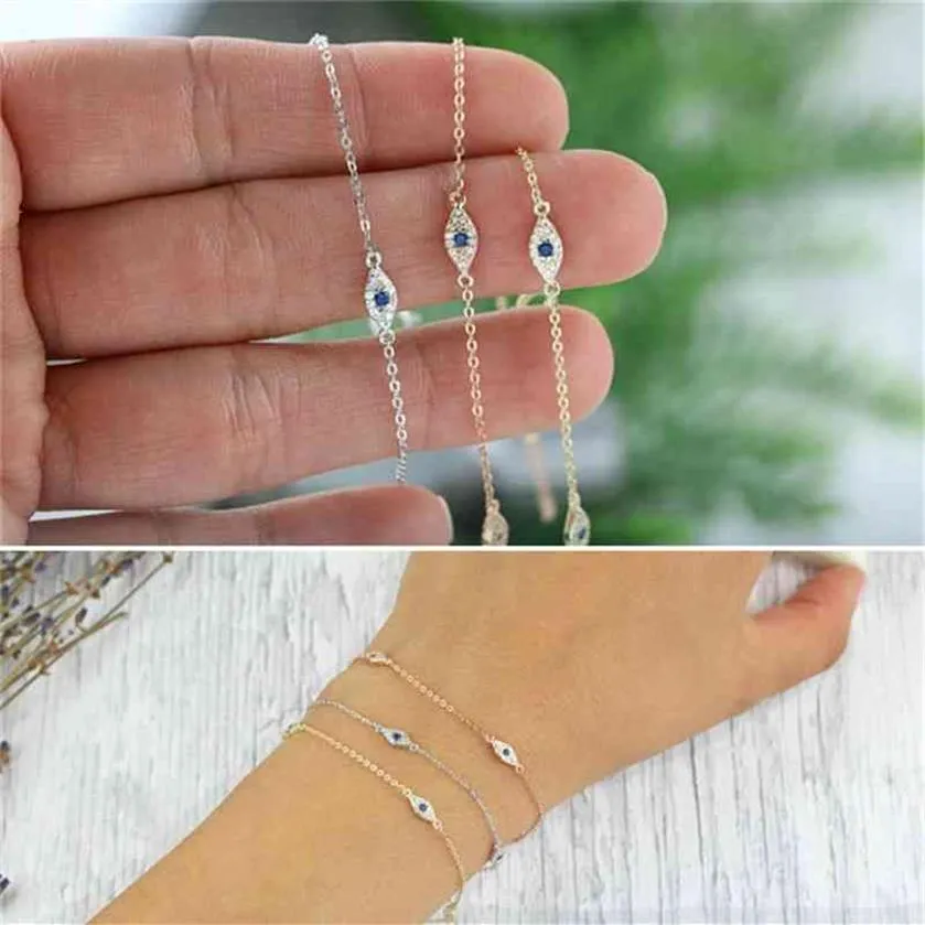 100% 925 argent sterling mignon joli bleu blanc cz mal œil lien minimal délicat mince chaîne féminine fille adorable bracelet196f