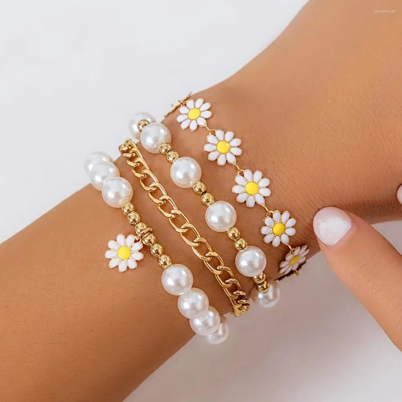 Länkarmband 4st/set koreansk mode söt solroshäng för kvinnor 2024 Trending Kpop Small Flower Chain Bangles Par smycken