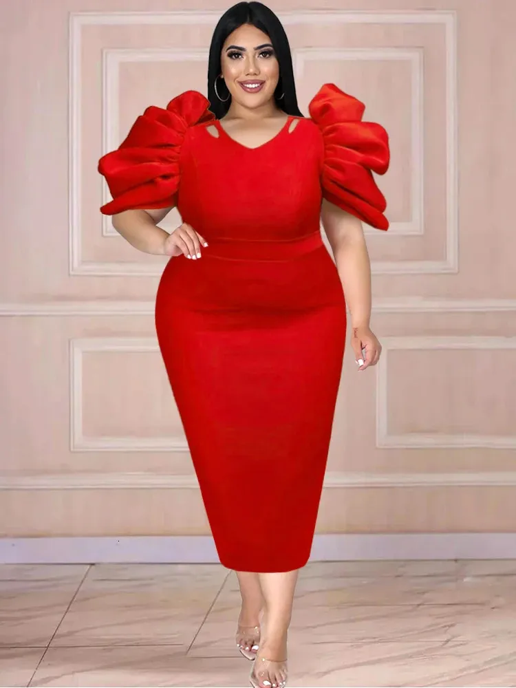 red dress with sleeves plus size Final Sale Plus Size Long Sleeve Gown with V-Neck in Red