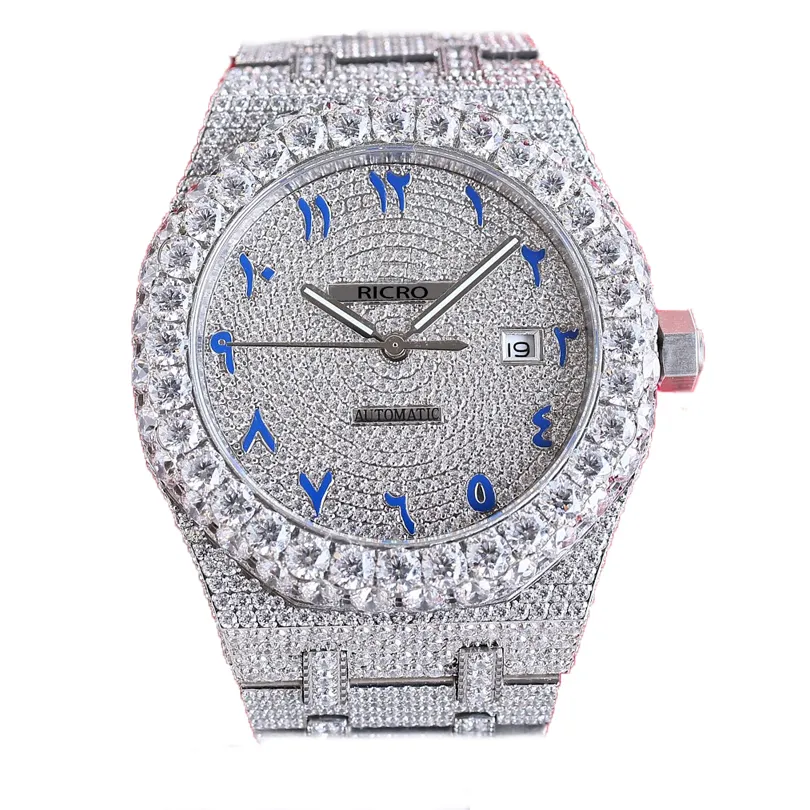 Luksusowe top męskie zegarek ze stali nierdzewnej obudowa z diamentem Diamond Automatyczny ruch mechaniczny Kar Bluckle 42 mm Ricro