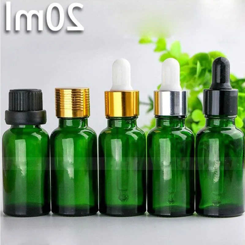 Atacado 625pcs 20ml Garrafas de pipeta líquida de vidro 20 ml de petróleo verde gotas girotas garrafas de aromaterapia com aromaterapia 5 tampas para Choo Auel