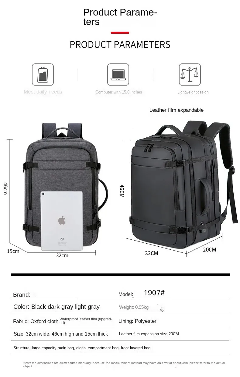 Expandable 40L Flight Approved Travel Backpack: Water Resistant ...