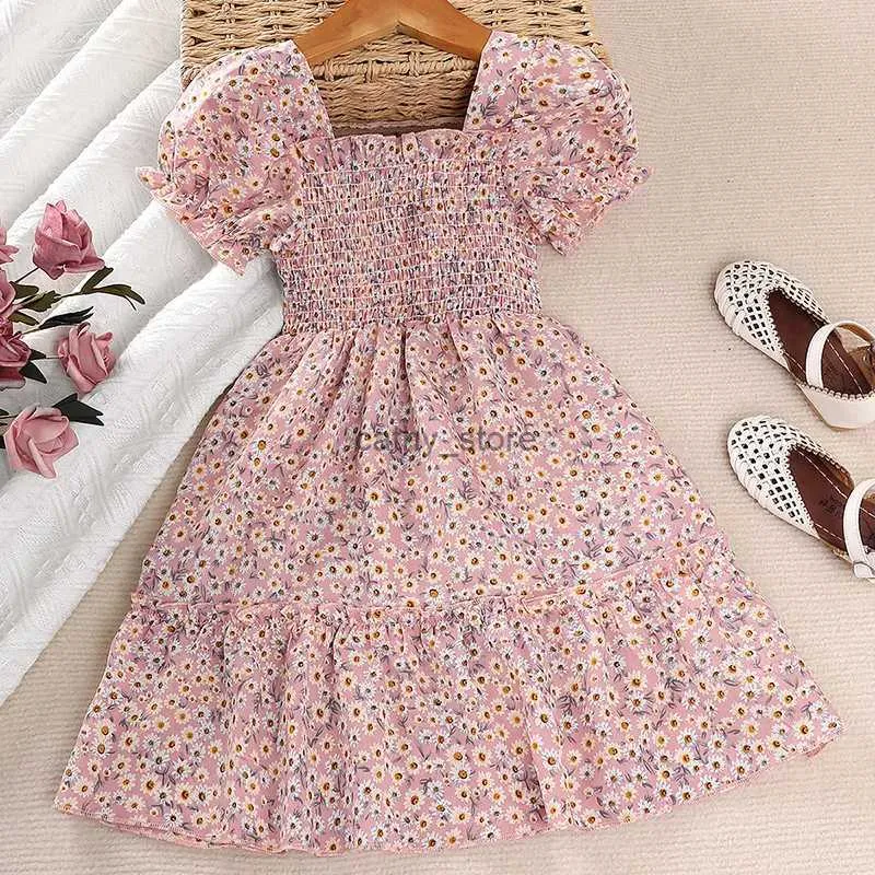 Girl's Dresses Girls Summer Knee-length Skirt Polyester Square Collar Puff Sleeve Smocking With Floral A-line Dress Pleated Lace ComfortableL231222