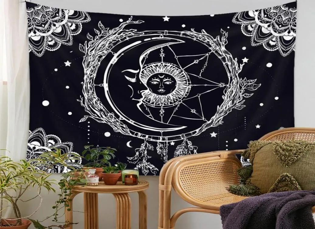 Tapestries Space Mountain Sun en Moon Tapestry Wall Hangende retro zwart wit dunne kunstdoek hippie tapijt4033447