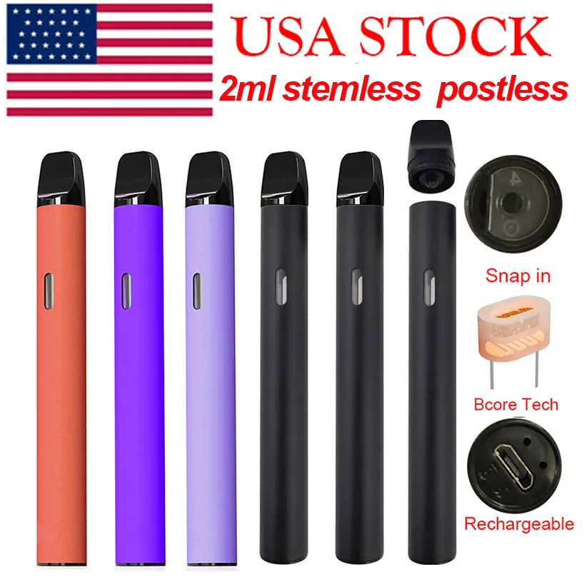 USA STOCK 2ml Vape Pen Stemless Postless Pod Carts Disposable E-cigarette Thick Oil Empty Round Pens Rechargeable 350mah Battery Ceramic Coil Vaporizer D11 Black Pen