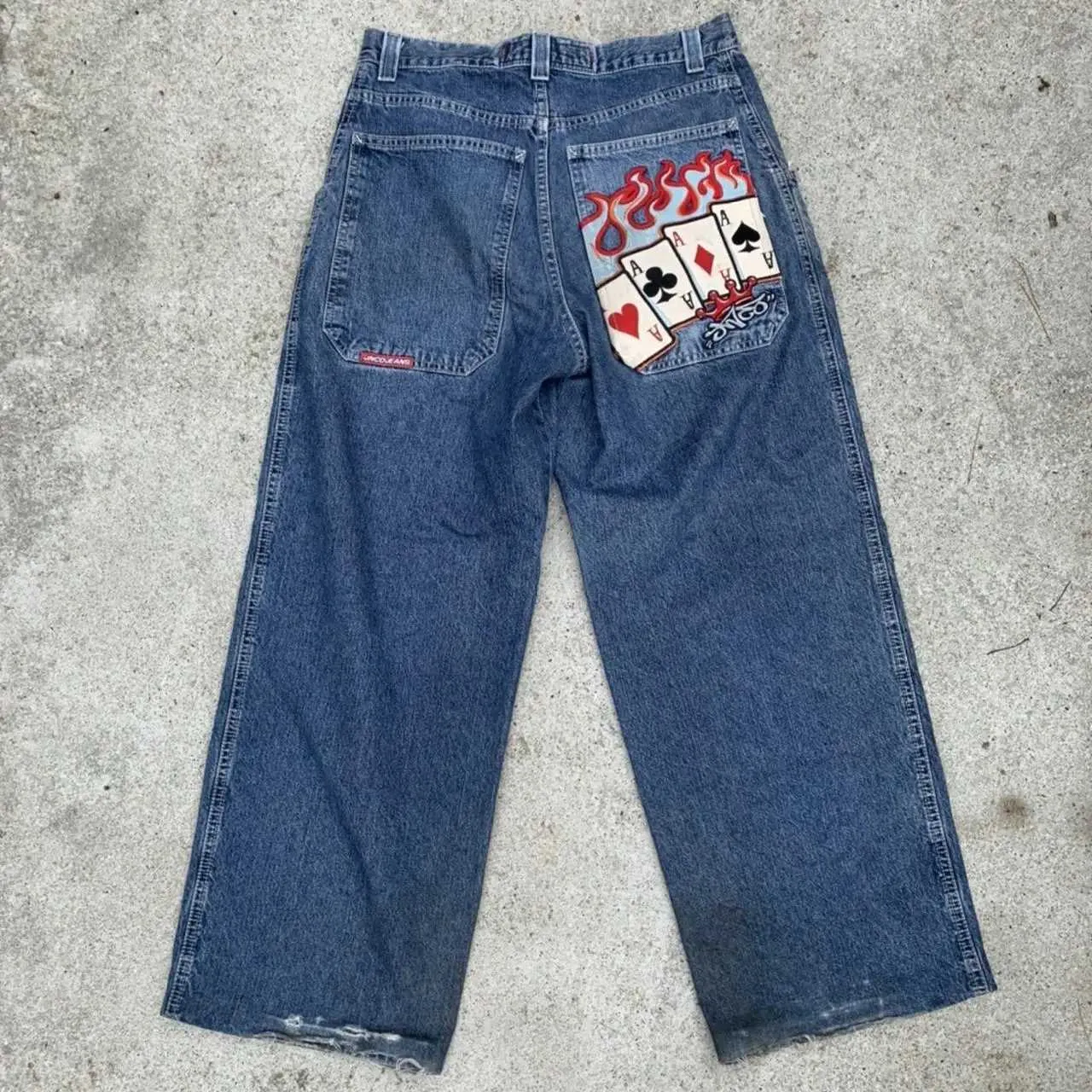 Jeans masculin jnco jeans y2k harajuku hip hop poker graphic rétro bleu baggy jeans pantalon denim mens new gothique haut taille pantalon j231222