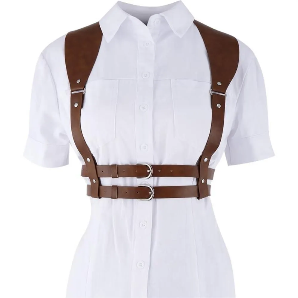 Bälten 2022 Fashion Punk Brown Leather Harness Belt Rem Bäldle Sexig kvinnor handgjorda dekorativ skjorta klänning Vest210h