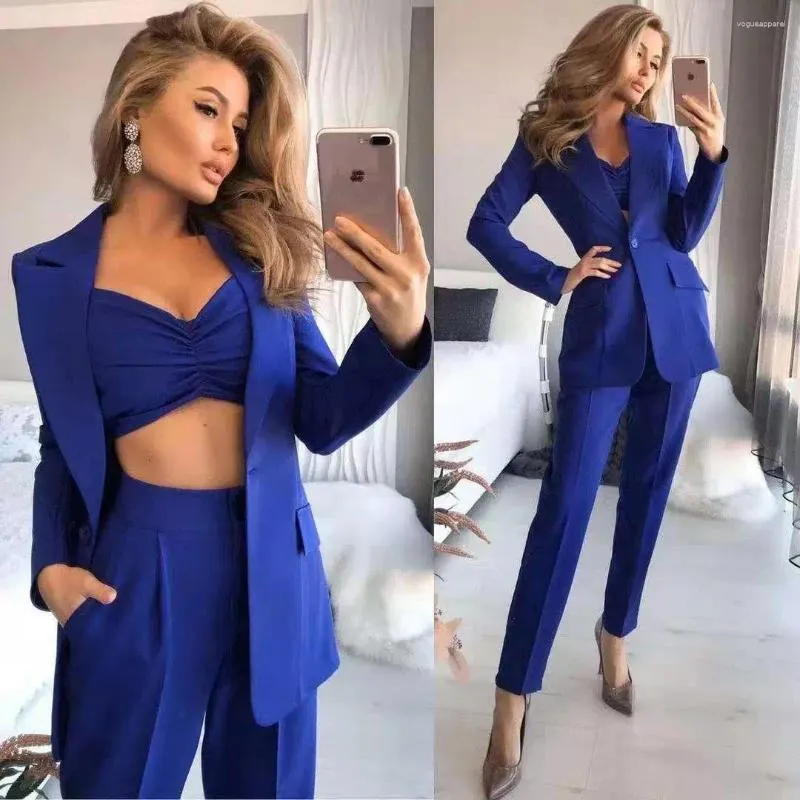 Kvinnors tvåbitar byxor Spring Summer Women Three Set Elegant Long Sleeve Blazer Bra Pocket Outfits Solid Office Lady Suits FT121