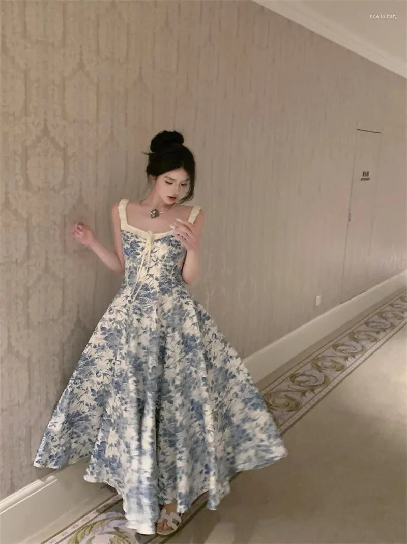 Casual Dresses Women's Summer Chinese Style Blue Floral Print Spaghetti Strap High midja Maxi Long Beach Holiday Dress XSSML