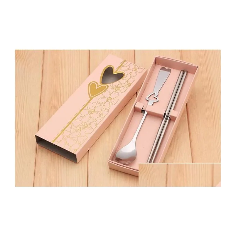 Ensembles de vaisselle Love Heart Ensembles de vaisselle de mariage Mariage Favor Gift Gift en acier inoxydable Set Table Volet Table Choisses et cuillères Dhfur