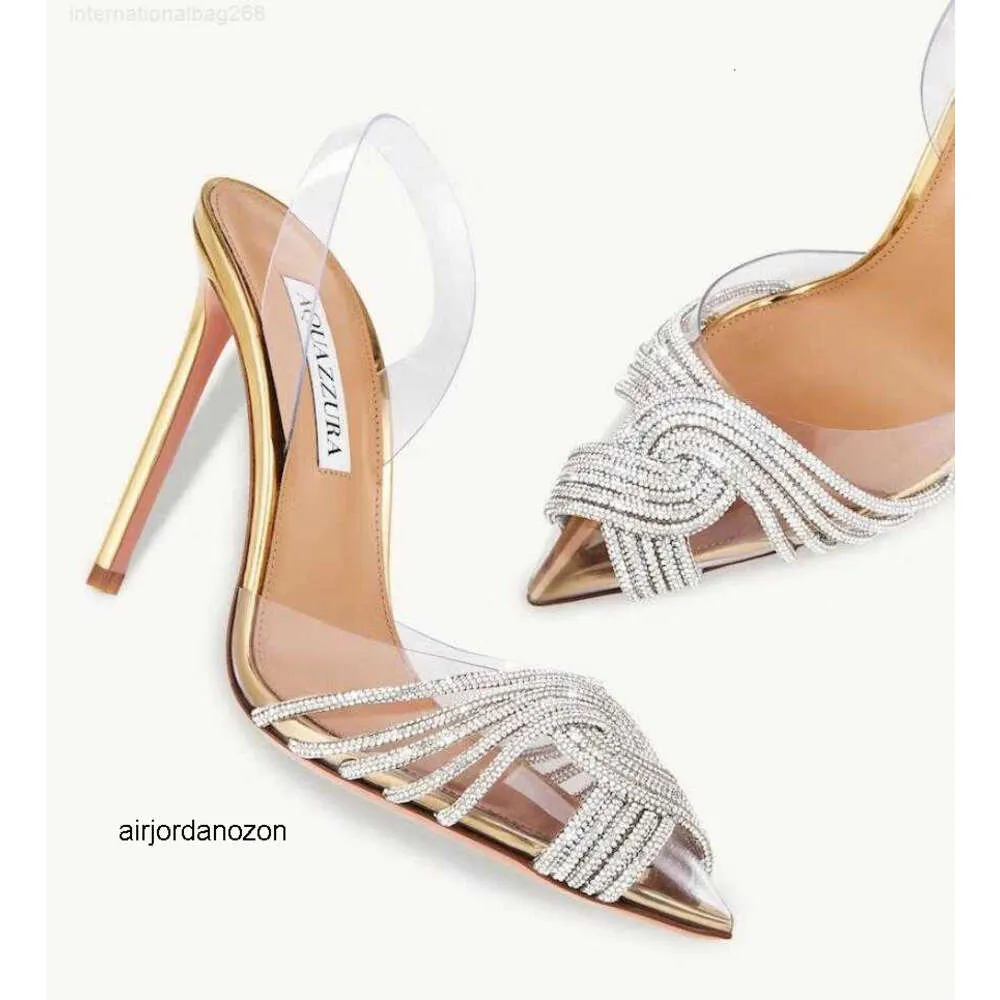 Eleganti Aquazzura Gatsby Sandals Scarpe Donne Pvc in pelle Slingback a punta di punta di punta Crystal Swirls Pvc Toecaps Lady Eleagnt Walking Eu35-43