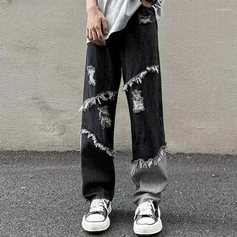 Mäns jeans harajuku män high street löst hiphop koreanska mode lapptäcke byxor streetwear kontrast rak bred ben denim byxor