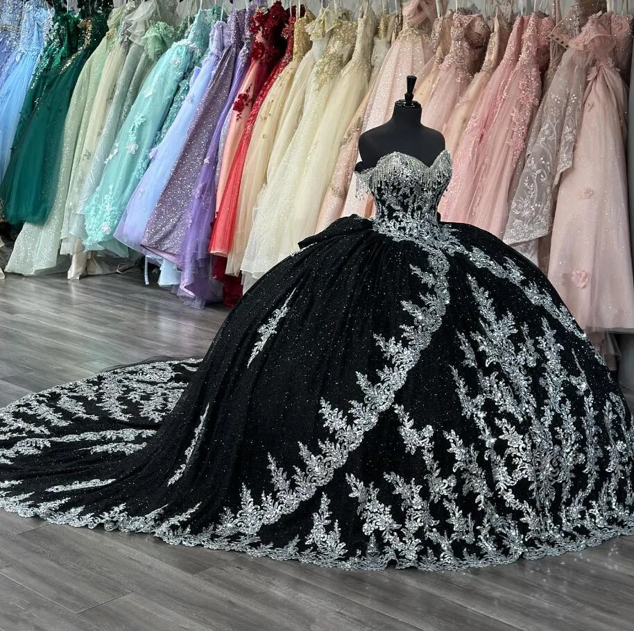 Sier Gothic Black Princess Quinceanera Dresses Sparkly Applique Tassel Corset Vestidos Para 15 Anos Prom Sweet 16