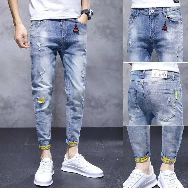 Jeans pour hommes jeans denim 2022 Été Nouveau pantalon décontracté jean slim élastique petit pieds couleur claire trou déchiré jeune adolescent cheville pantalon j231222