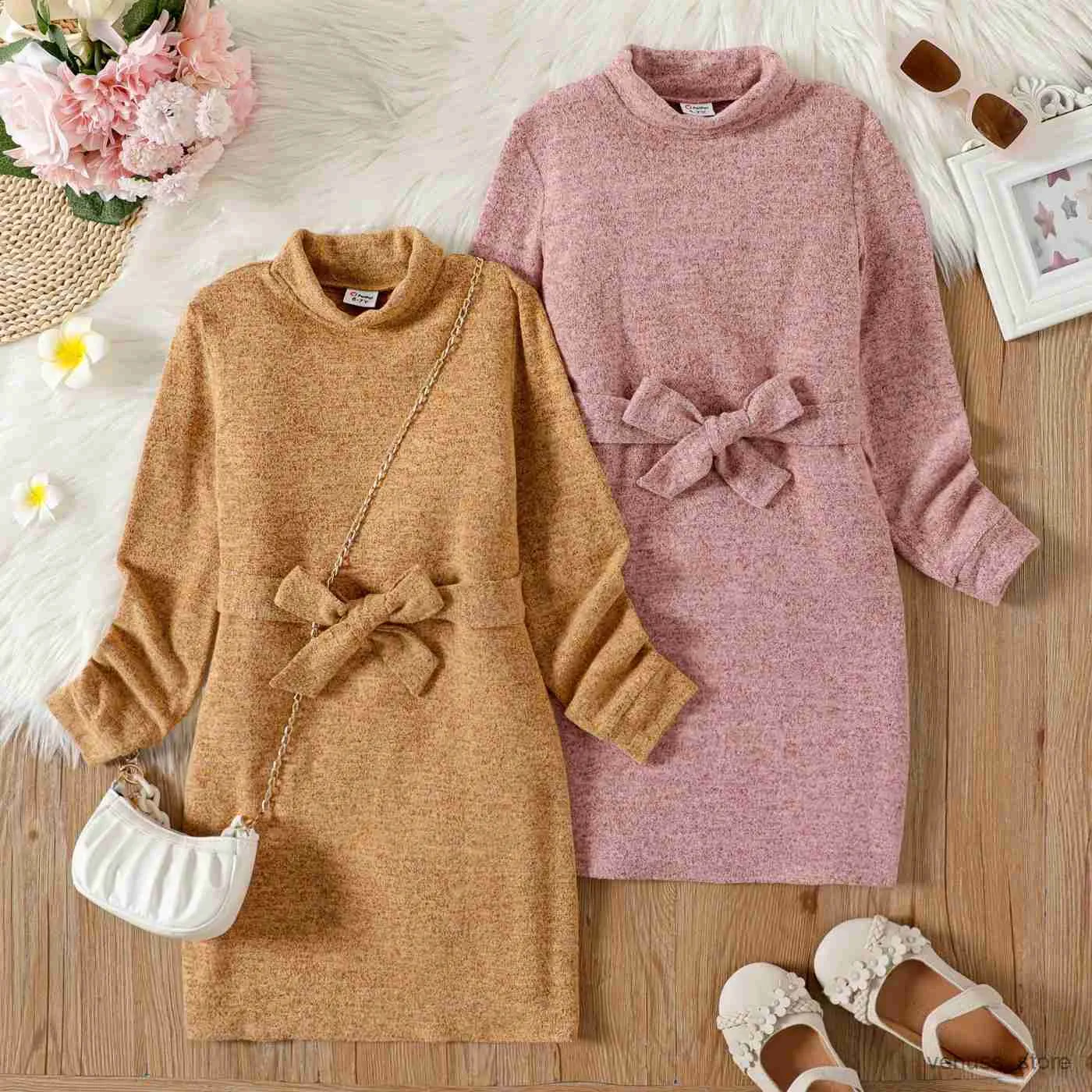 Girl's Dresses Kid Girl Solid Color Turtleneck Belted Long-sleeve Dress (Bag is not included) Perfect for Outings and Daily Wear