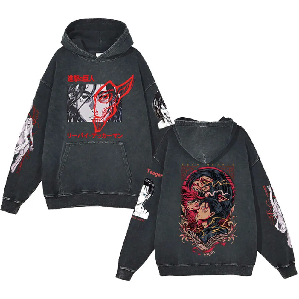 Newest Attack on Titan Acid Washed Anime Hoodies Eren Yeager Print Sweatshirt Haruku Streetwear 100% Cotton Unisex Pullover