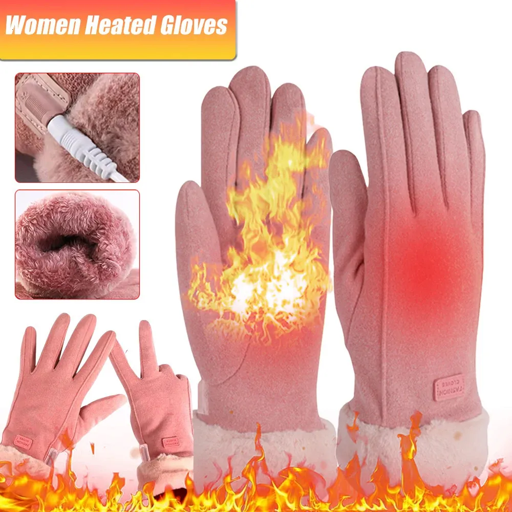 Zimowe rękawiczki podgrzewane ekran dotykowy USB ładowalne ogrzewanie termiczne różowe zagęszczone ciepłe mufki dla kobiet jadących 231222