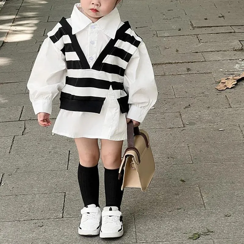 Shirts Kids Shirts Spring Autumn Girls Blouse Baby Shirt Kids Blouse For Toddler Children Clothes Fake 2 Striped Patch 17Y 230323