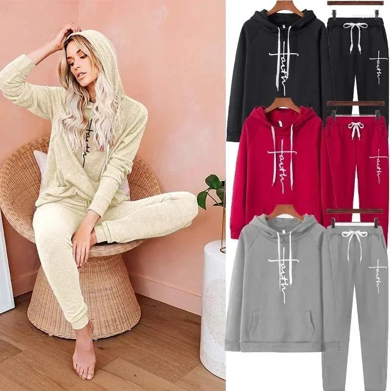 Women's Hoodies Ladies Faith Cross Print Sportwear Designer Hoodie Sweatpant Sets Women Long Sleeve Sweatshirt Hoody Jogging Trousers Suit