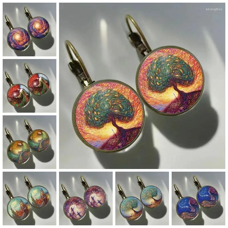 Stud Earrings 2024 Colorful Oil Painting Women And Tree Patterns Women's Abstract Glass Cabochon Jewelry Gift