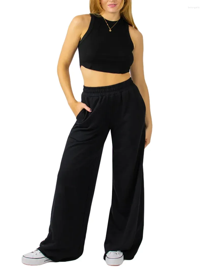 Pantalon féminin Femmes Large-leg Couleur solide élastique haute taille pantalon lâche tombe pantalon de survêtement décontracté