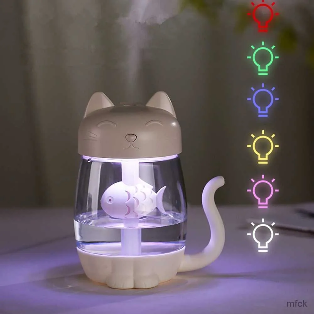 Luftfuktare 350 ml kattluftfuktare med färg LED -ljus ultraljud i 1 bedårande katt äter fiskfuktare USB arom diffusor dimare