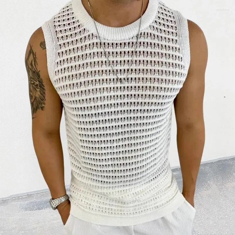 Herenvesten mannen tanktops mesh solide transparante sexy o-neck fitness streetwear mouwloze zomerse mode kleding