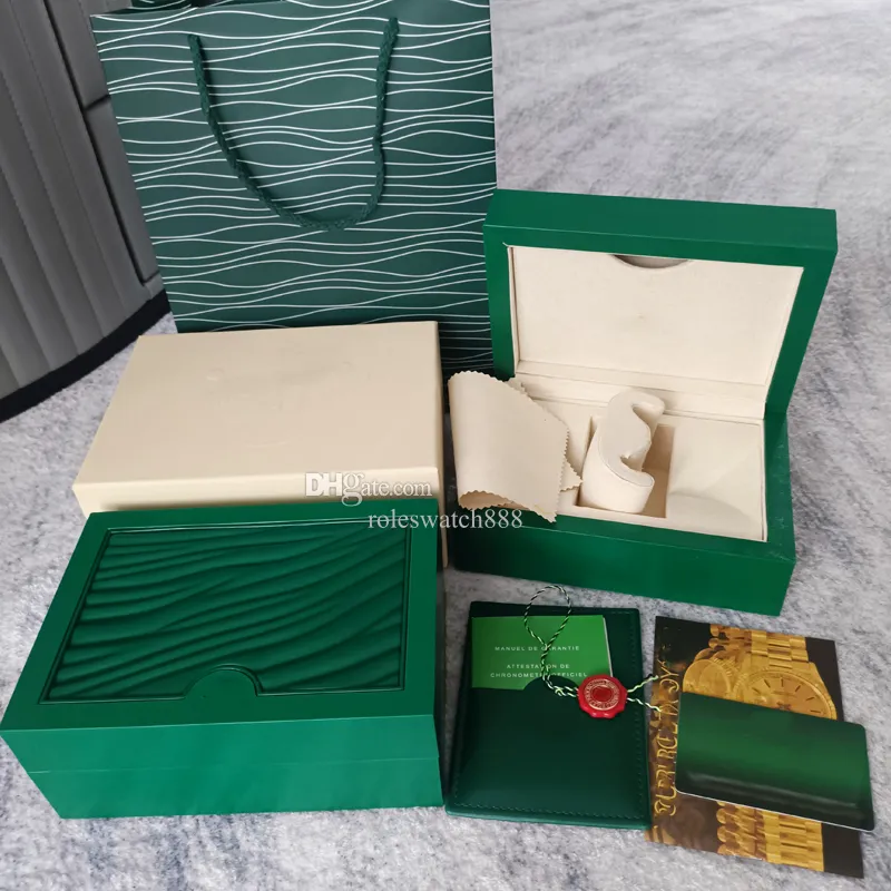 Boîte de montre Green Rolex Box Luxury Men's Watch Boxes Original Inner et Extérieur Femmes Watch Case Men's Rolej Watch Brochure Card Accessoires Certificat Handsbag Dhgate