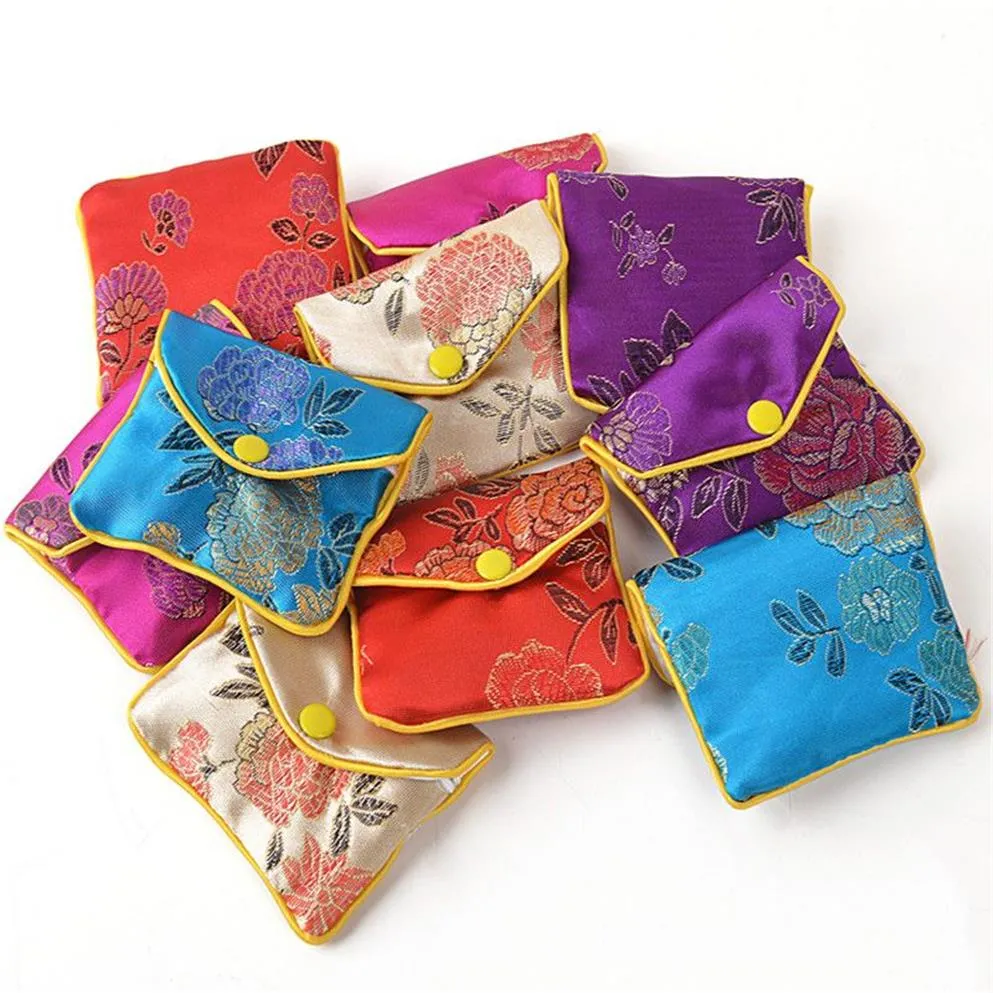 120pcs Floral Zipper Coin Purse Pouch Souchés Sacs-cadeaux pour bijoux Sac en soie Pouche de carte de crédit chinois 6x8 8x10 10x12 cm Whol229a