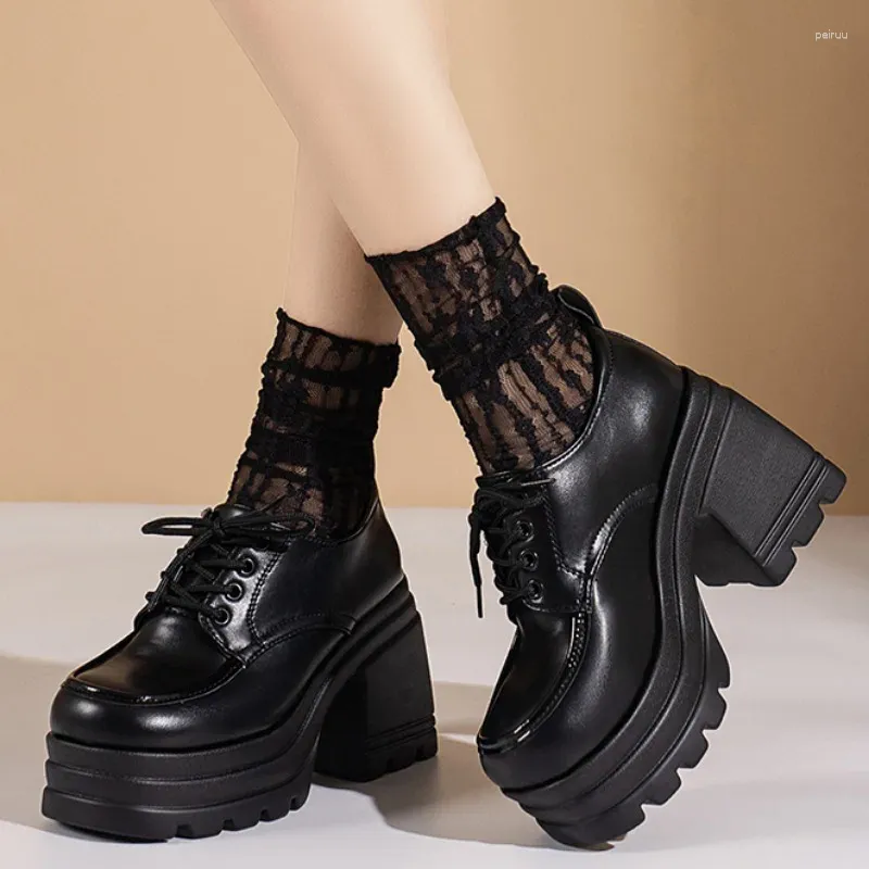 Scarpe per vestiti Oxford Women Pumps 2024 Office Lace Lace Up Tort Heels Teli Punti di ruolo da gioco da gioco da donna