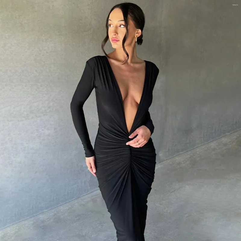 Casual Dresses Sexy Prom Women's Deep V Neck Slim Fit Pencil Long Ladies Soft Milk Silk Pleated Formal Party Gowns Robe Femme