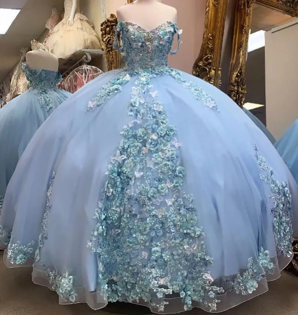 Quinceanera elbiseler vestido de tatlı 15 açık mavi balo parti balo elbisesi omuz dışı 3d çiçek aplike aplike kristal tül özel fermuar up artı boyutu yeni