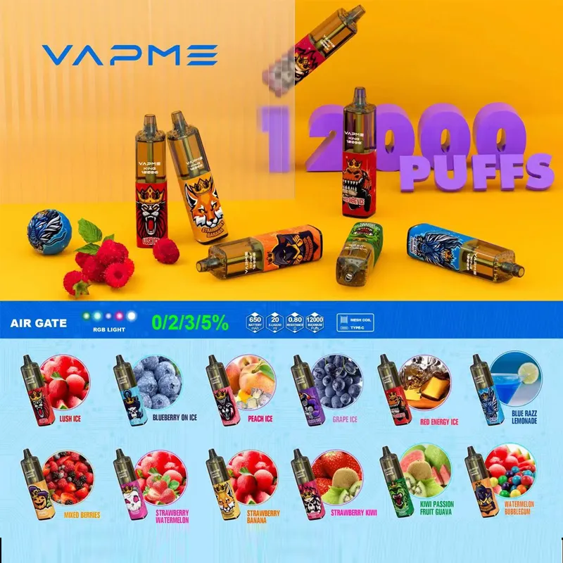 VapMe King 12000 Puffs Disposable E Cigarettes 12k Vape Pen Dispositions 20ml Jui de vape préfabillé Mesh Pods Pod Pod 850mAh Batterie rechargeable Original