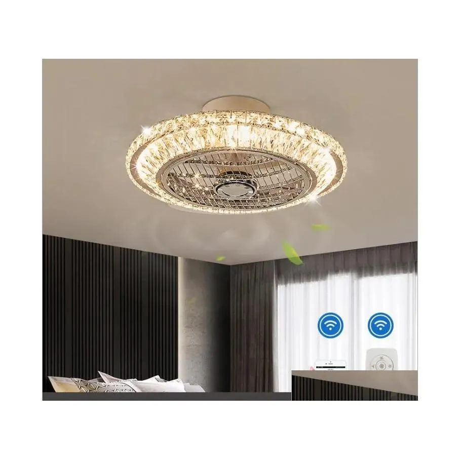 Fans takfläktar Bluetooth Crystal Smart Modern LED -lampor med ljus App Remote Control Ventilator Lamp Silent Motor Bedroom Deco