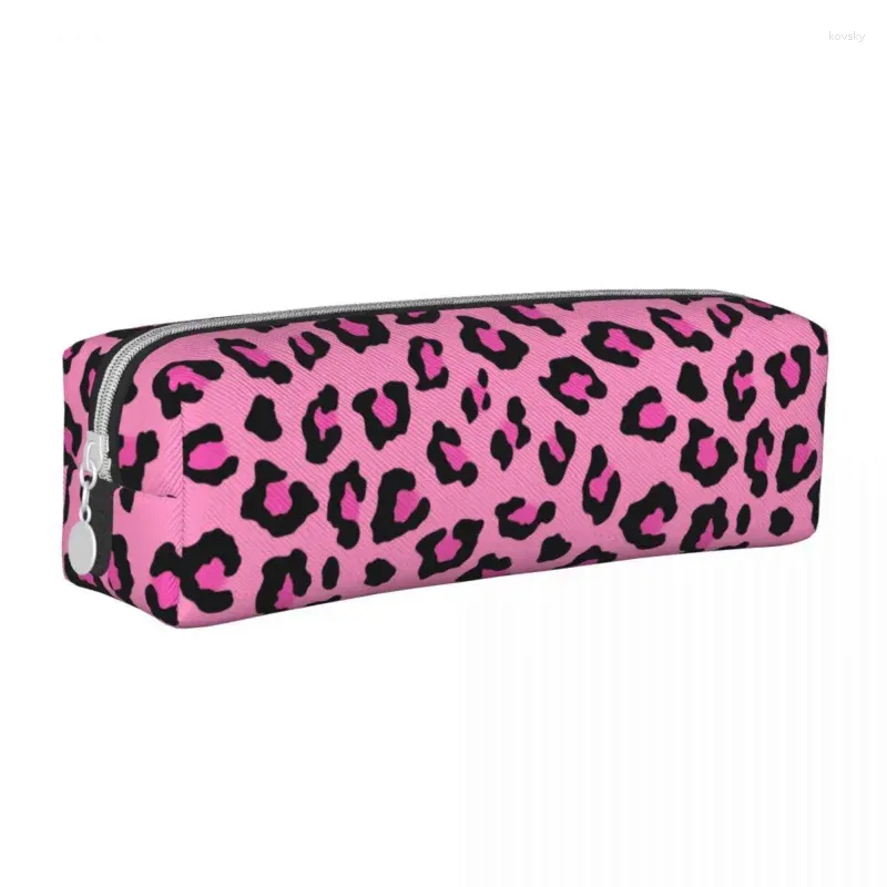 Kosmetiska väskor rosa leopard djurtryck blyertsfodral rolig penna på väska student stora kapacitetskontor pennor
