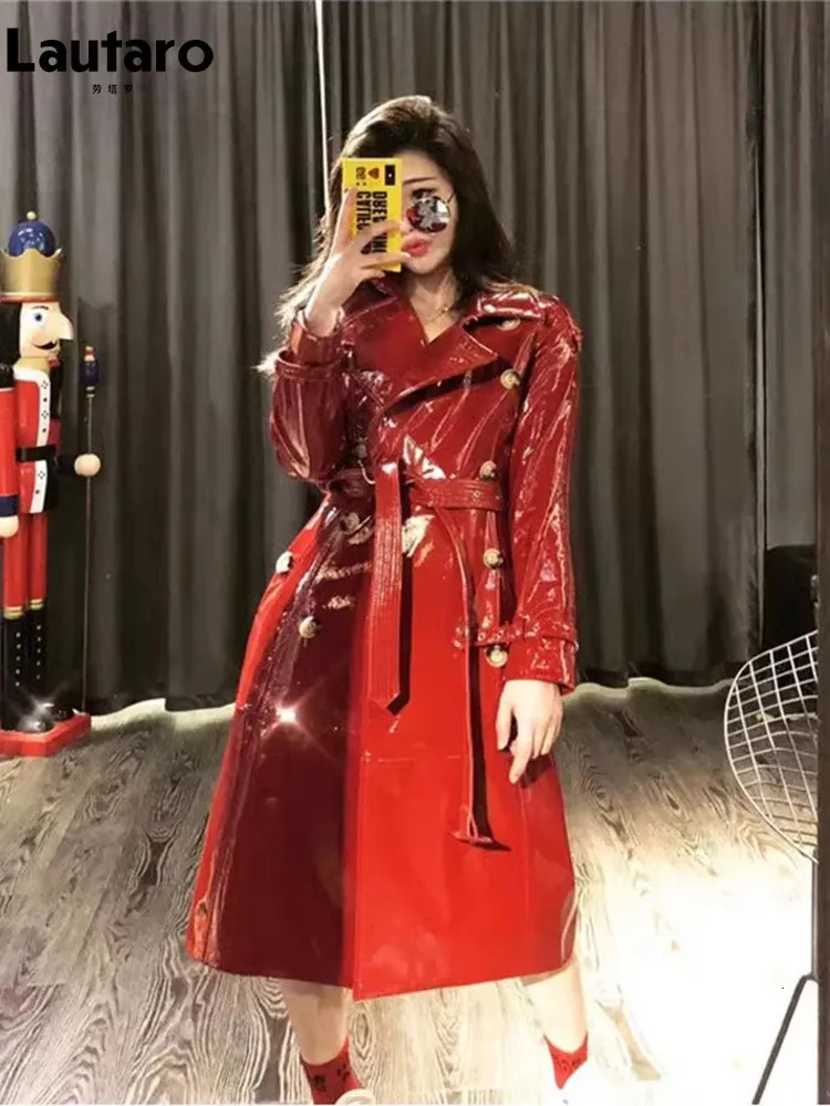 Lautaro Automne Long Shiny Reflective Patent Faux Trench Coat Trench For  Women Sashes Double Breasted Rison Fashion European 231221 Du 52,78 € |  DHgate
