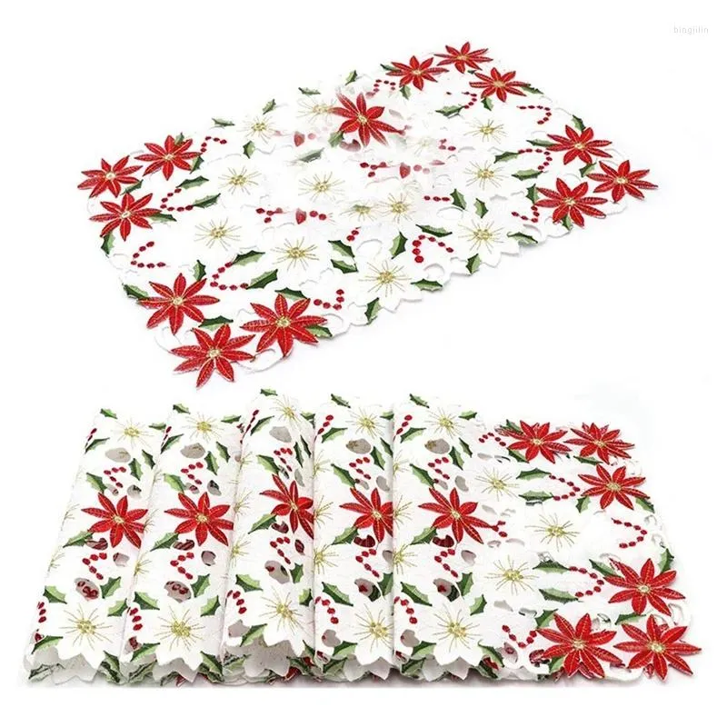 Masa Paspasları Placemats Seti 6 İşlemeli Noel Poinsettia Holly Tasarım 11x17 inç Dekor Dayanıklı Kırmızı Beyaz